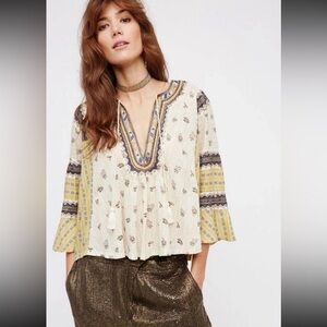 Free People But I Like It Womens Small Ivory Babydoll Bohemian Crop Tunic Top